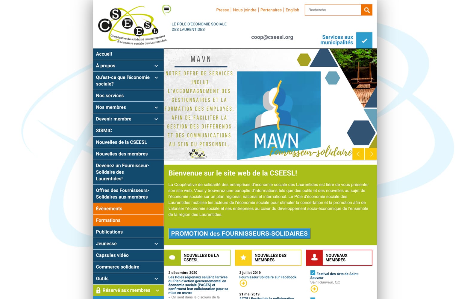 Le menu vertical sur le site Web de la CSEESL Le menu vertical sur le site Web de la CSEESL