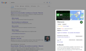 La fiche Google Business de Wenovio sur Google Search