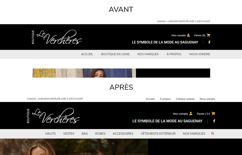 Avant et après de la refonte partielle du site de la boutique Le Verchères